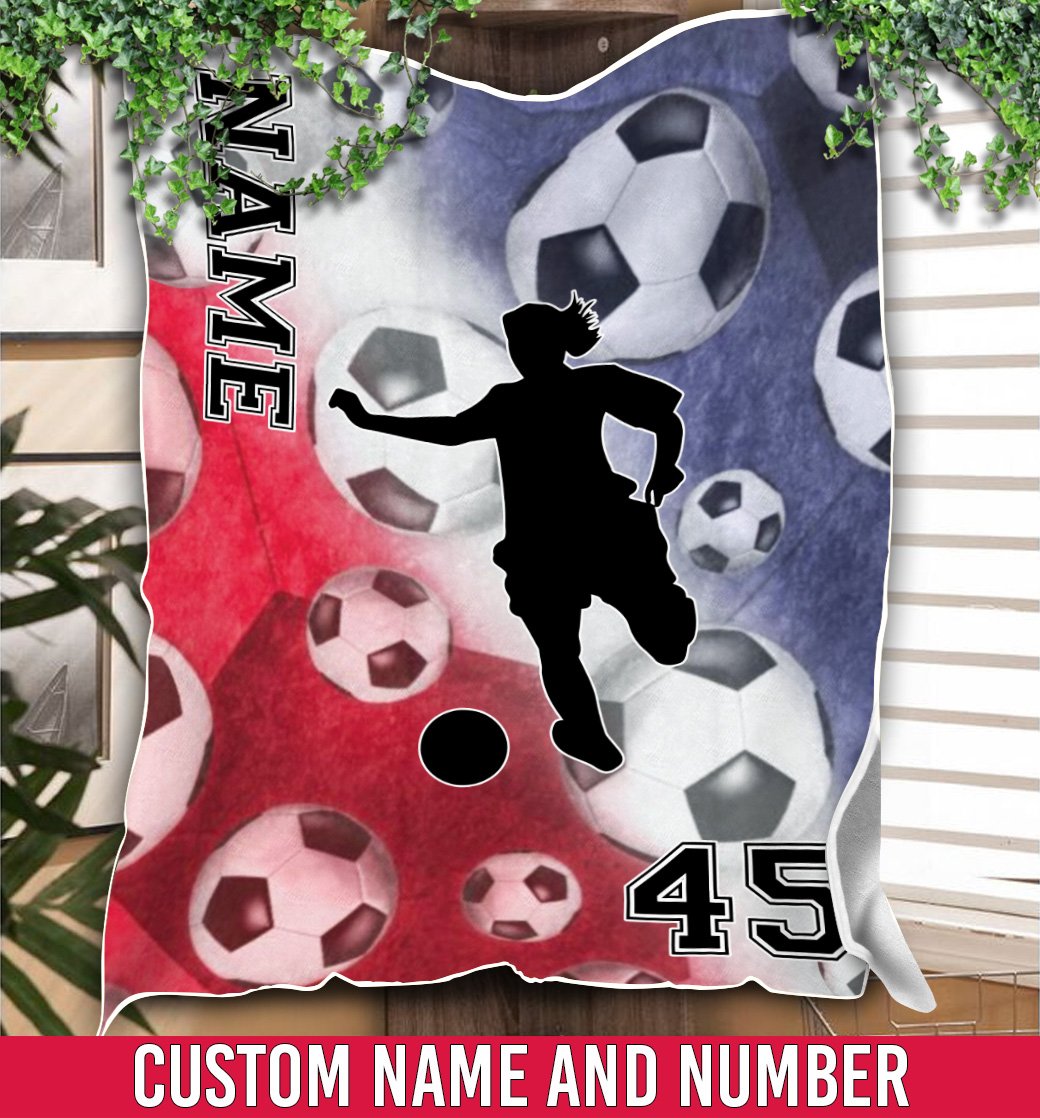 litzzy Personalized Red White Blue Soccer Silhouette Fleece Blanket - Tlnh0212201 Quilt Blanket 60x80  