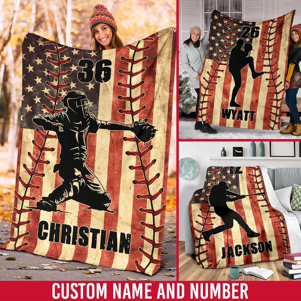litzzy Personalized Baseball Player American Flag Fleece Blanket - Nh1811201 Quilt Blanket   