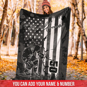 litzzy Personalized Broken Flag Hockey Fleece Blanket - Ri0911201Ki Quilt Blanket   