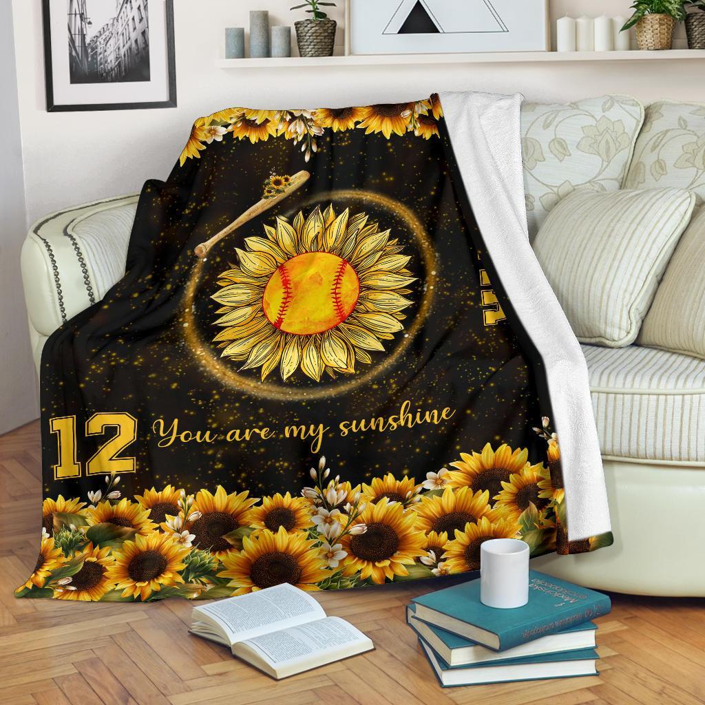 litzzy Personalized Softball You Are My Sunshine Fleece Blanket - Litzzy Hippie Softball Blanket Quilt Blanket   