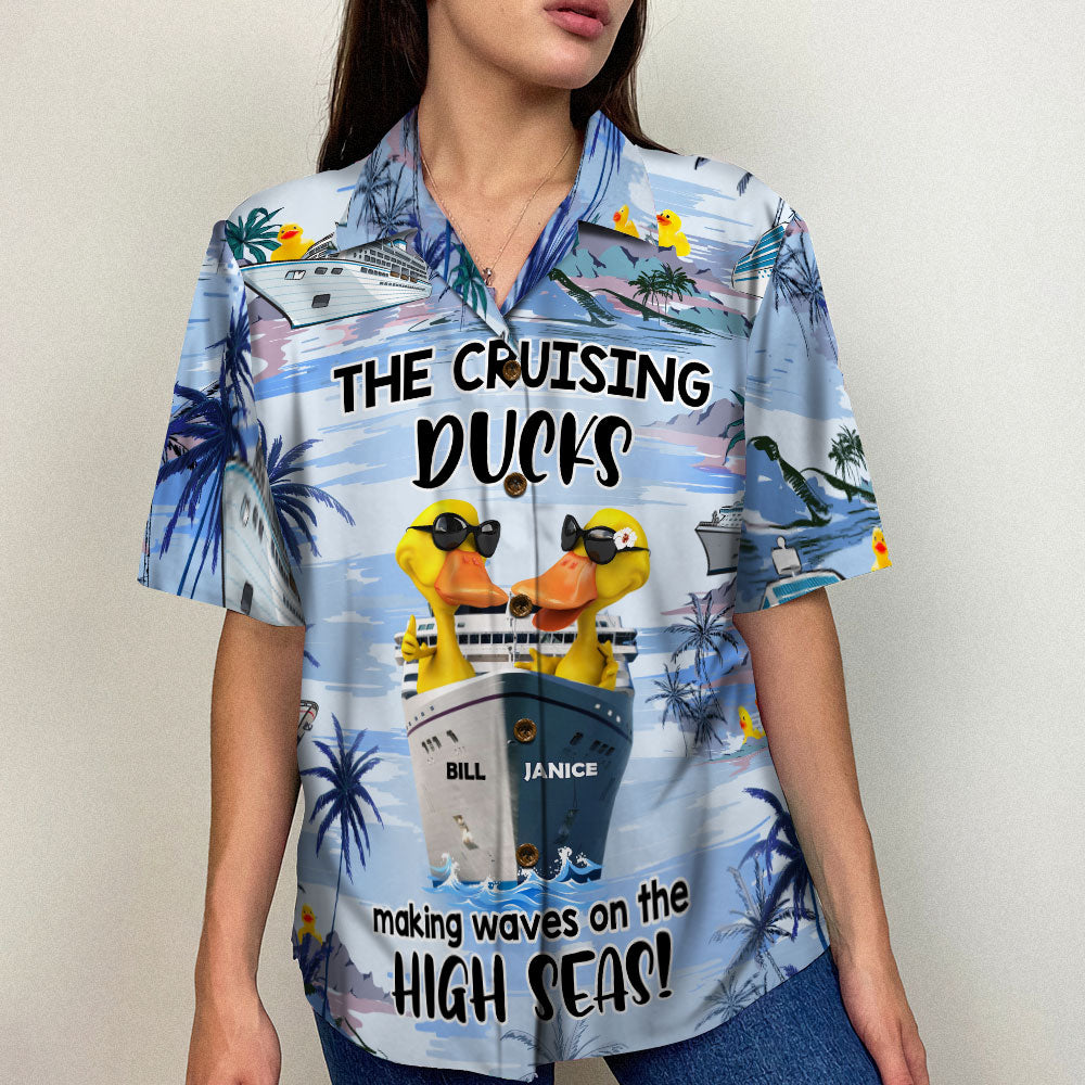 litzzy Personalized Cruising Duck Couple Hawaiian Shirt - Making Waves On The High Seas - Cruise & Palm Treen Pattern Hawaiian Shirt For Men, Woman, Litzzy Aloha Shirt Hawaiian Shirt   
