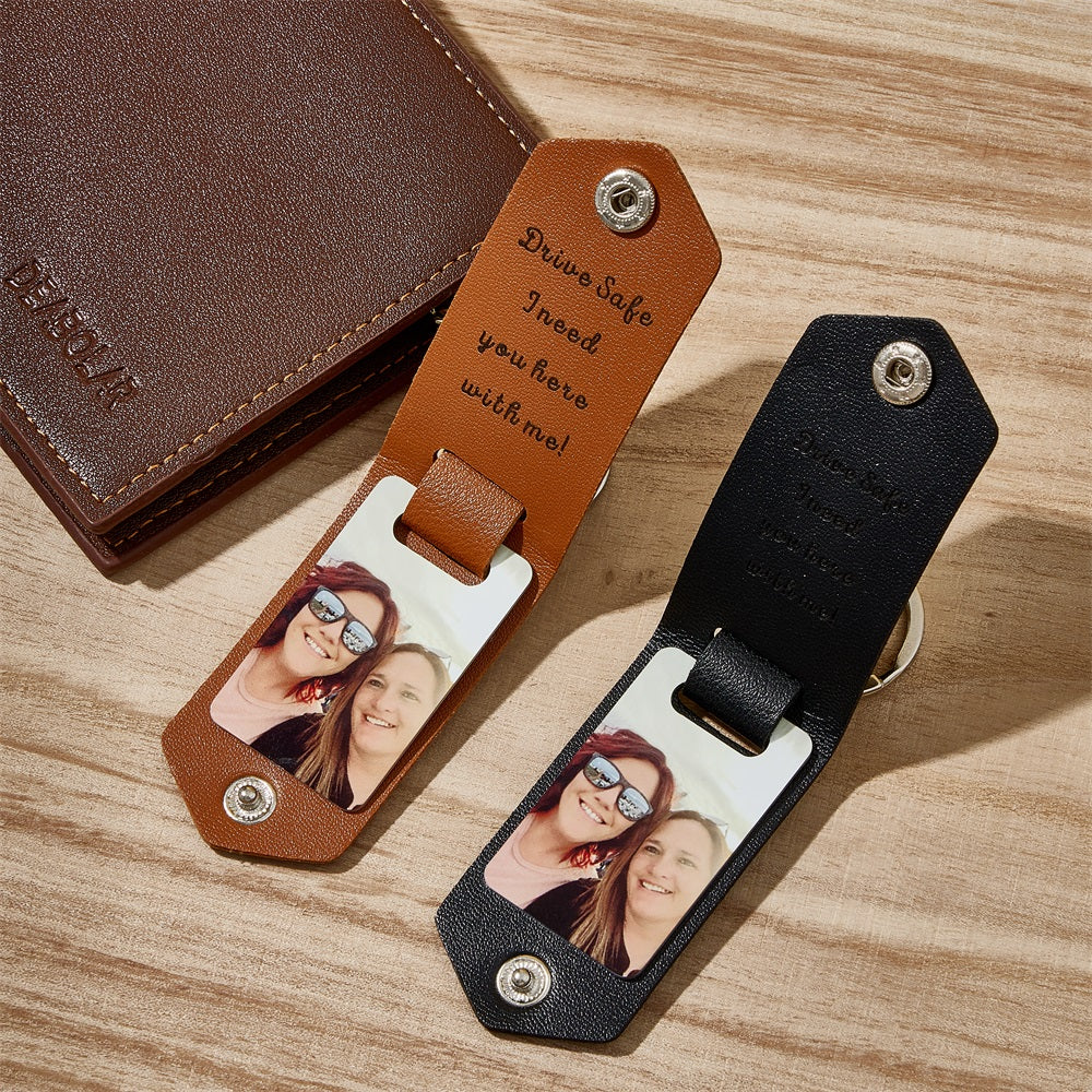 litzzy Personalized Engraved PU Leather Keychain Custom Metal Key Chain with Photo Keychain   