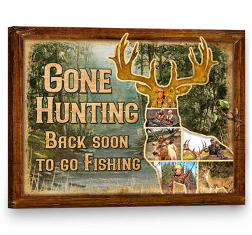 litzzy Personalized Gone Hunting Back Soon To Go Fishing Collage Canvas Gift Canvas Wall Art Wrapped Canvas 11"x14" 