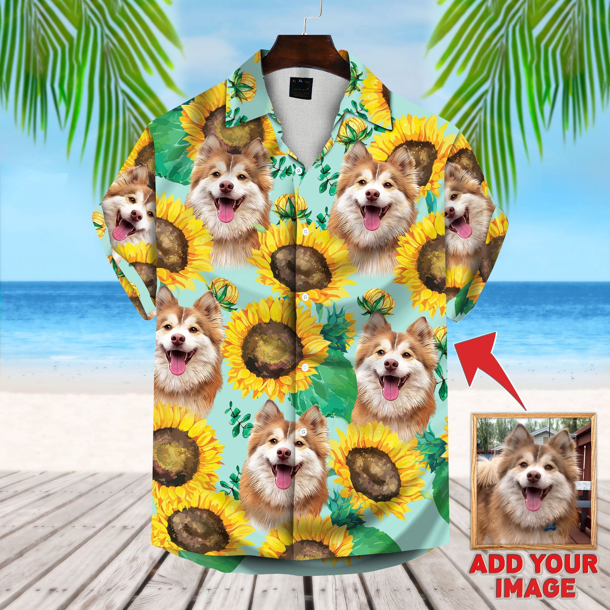 litzzy Custom Sunflower & Green Pattern Short-Sleeve Hawaiian Shirt Hawaii Shirt   