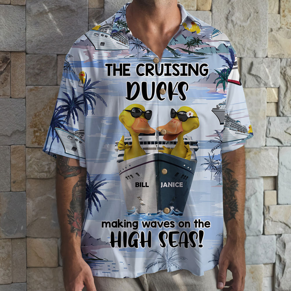 litzzy Personalized Cruising Duck Couple Hawaiian Shirt - Making Waves On The High Seas - Cruise & Palm Treen Pattern Hawaiian Shirt For Men, Woman, Litzzy Aloha Shirt Hawaiian Shirt   