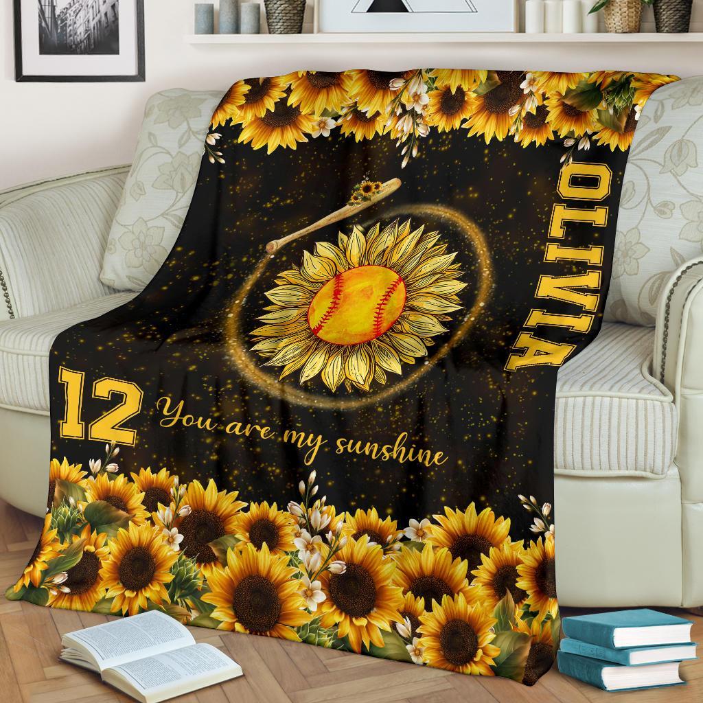 litzzy Personalized Softball You Are My Sunshine Fleece Blanket - Litzzy Hippie Softball Blanket Quilt Blanket   