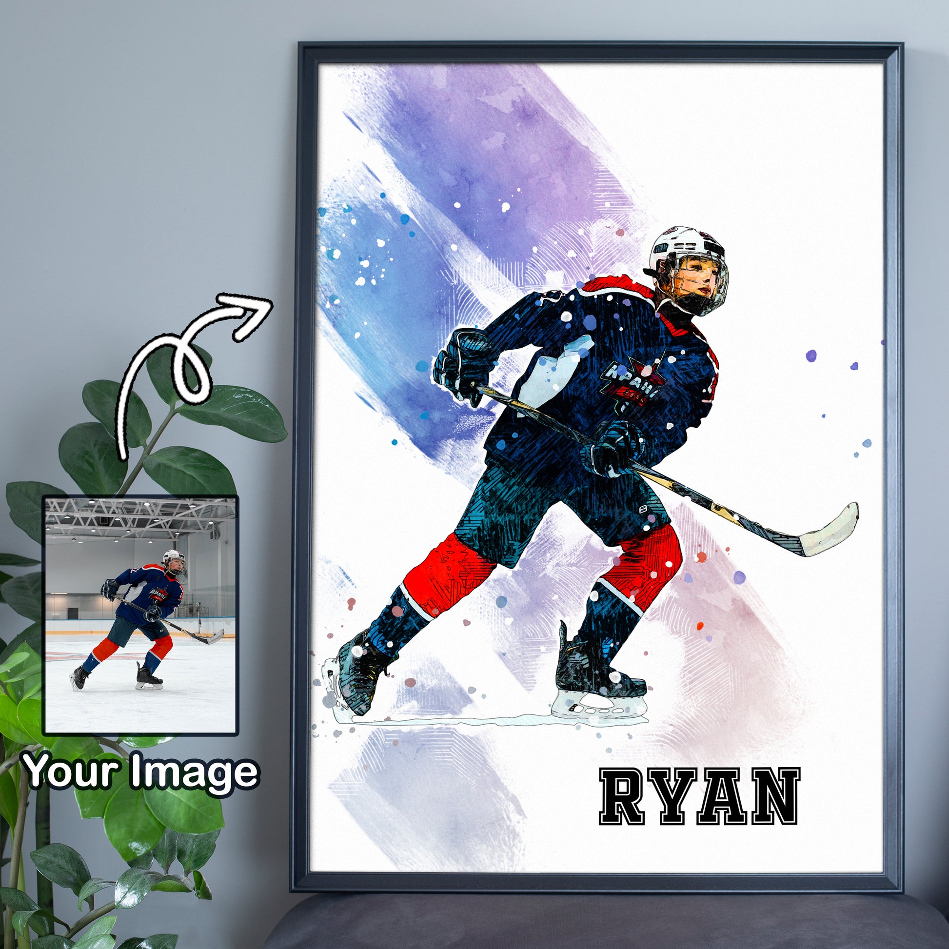 litzzy Ice Hockey Watercolor Personalized Canvas Gifts, Ice Hockey Custom Canvas Wall Art for Living Room Canvas Wall Art   