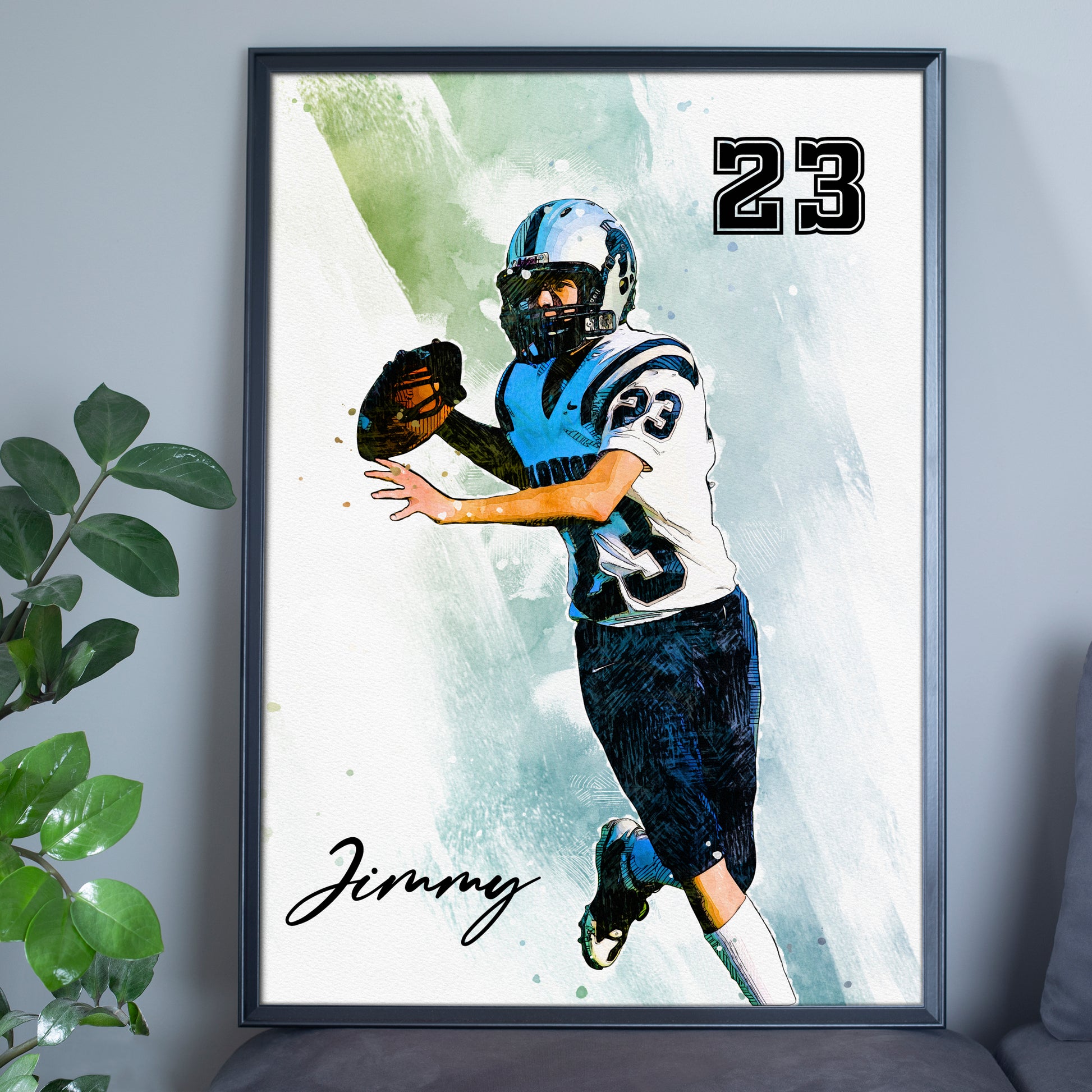litzzy Football Watercolor Personalized Gift, Football Custom Canvas Wall Art for Living Room Canvas Wall Art   