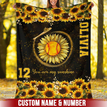 litzzy Personalized Softball You Are My Sunshine Fleece Blanket - Litzzy Hippie Softball Blanket Quilt Blanket YOUTH (30 X 40 INCHES)  