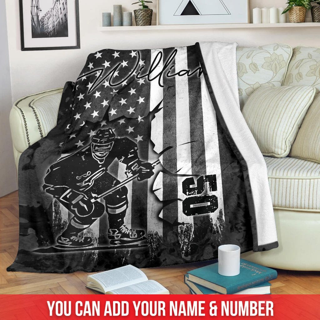 litzzy Personalized Broken Flag Hockey Fleece Blanket - Ri0911201Ki Quilt Blanket 60x80  