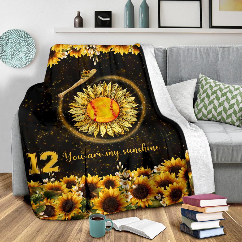 litzzy Personalized Softball You Are My Sunshine Fleece Blanket - Litzzy Hippie Softball Blanket Quilt Blanket   