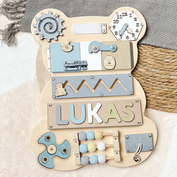 litzzy Personalized Bear Busy Board - Wooden Montessori Toys | Craftigift Busy Board Blue 10x13 Inches 