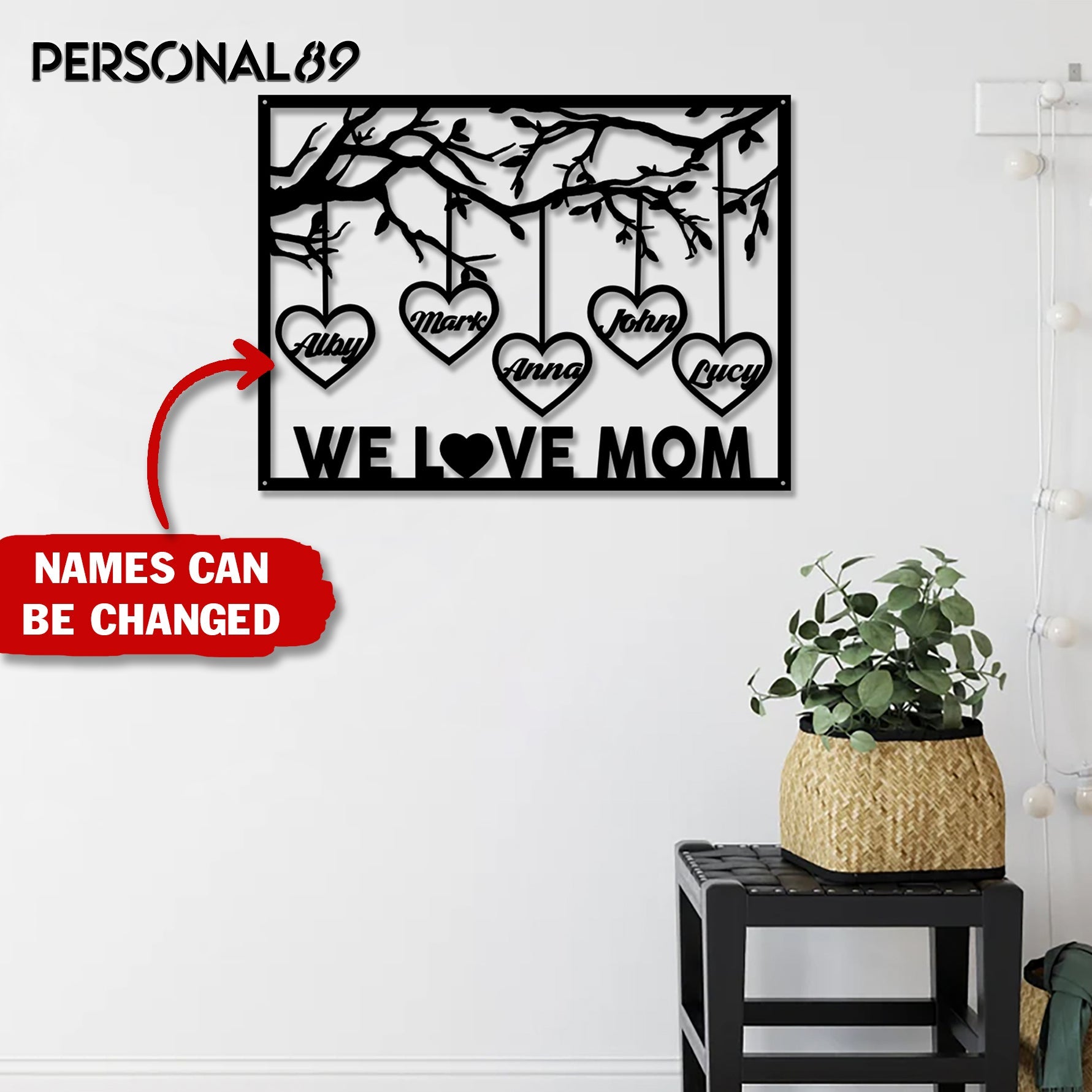 litzzy We love mom Tree - Up to 7 name hearts - Personalized Metal House Sign - Custom metal signs - Metal Monogram Sign for Home Decor    