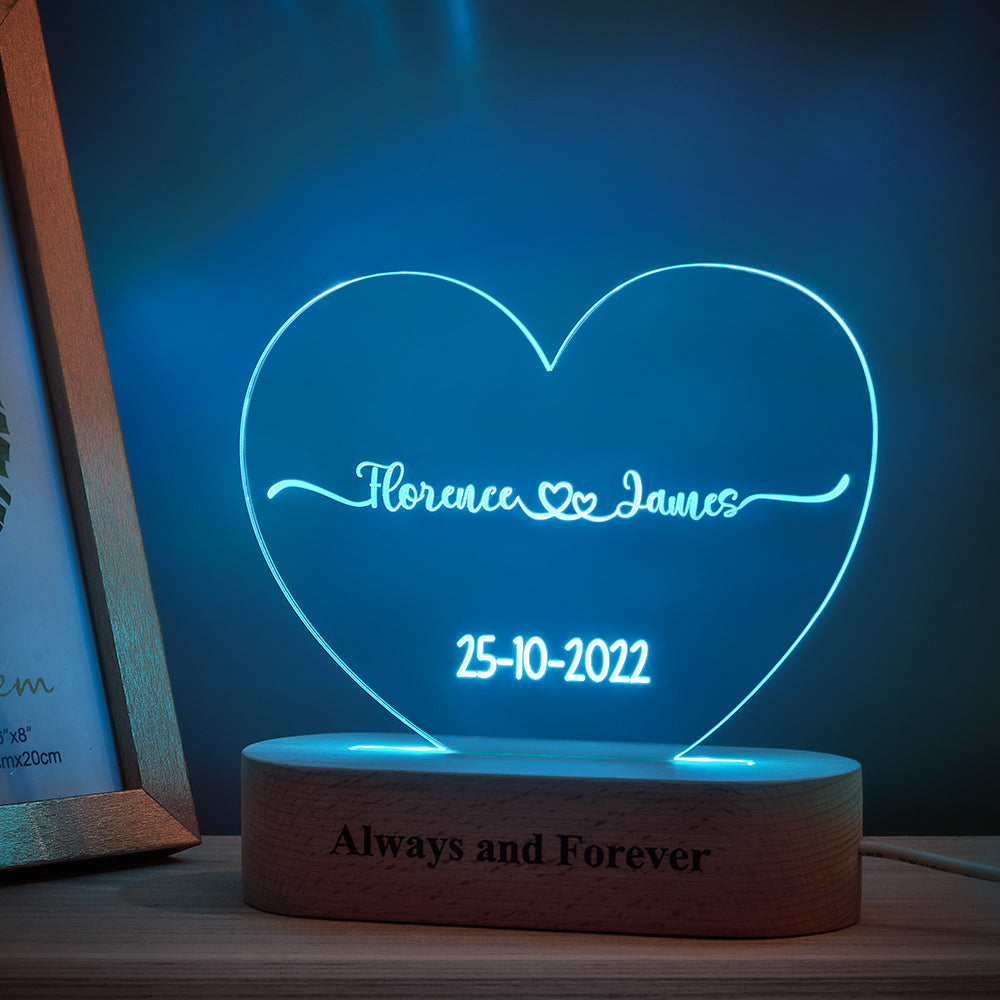 litzzy Heart Shaped Acrylic Plaque Personalized Name and Date Night Light Acrylic Plaque   