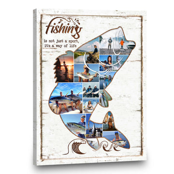 litzzy Fishing Photo Collage Gift, Fish Shape Canvas, Fishing Gift, Custom Bass Fish Shape Wall Art Canvas Wall Art   