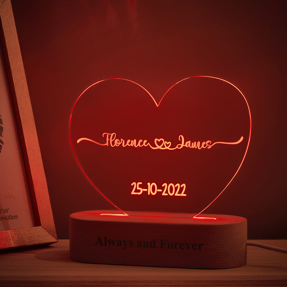 litzzy Heart Shaped Acrylic Plaque Personalized Name and Date Night Light Acrylic Plaque   