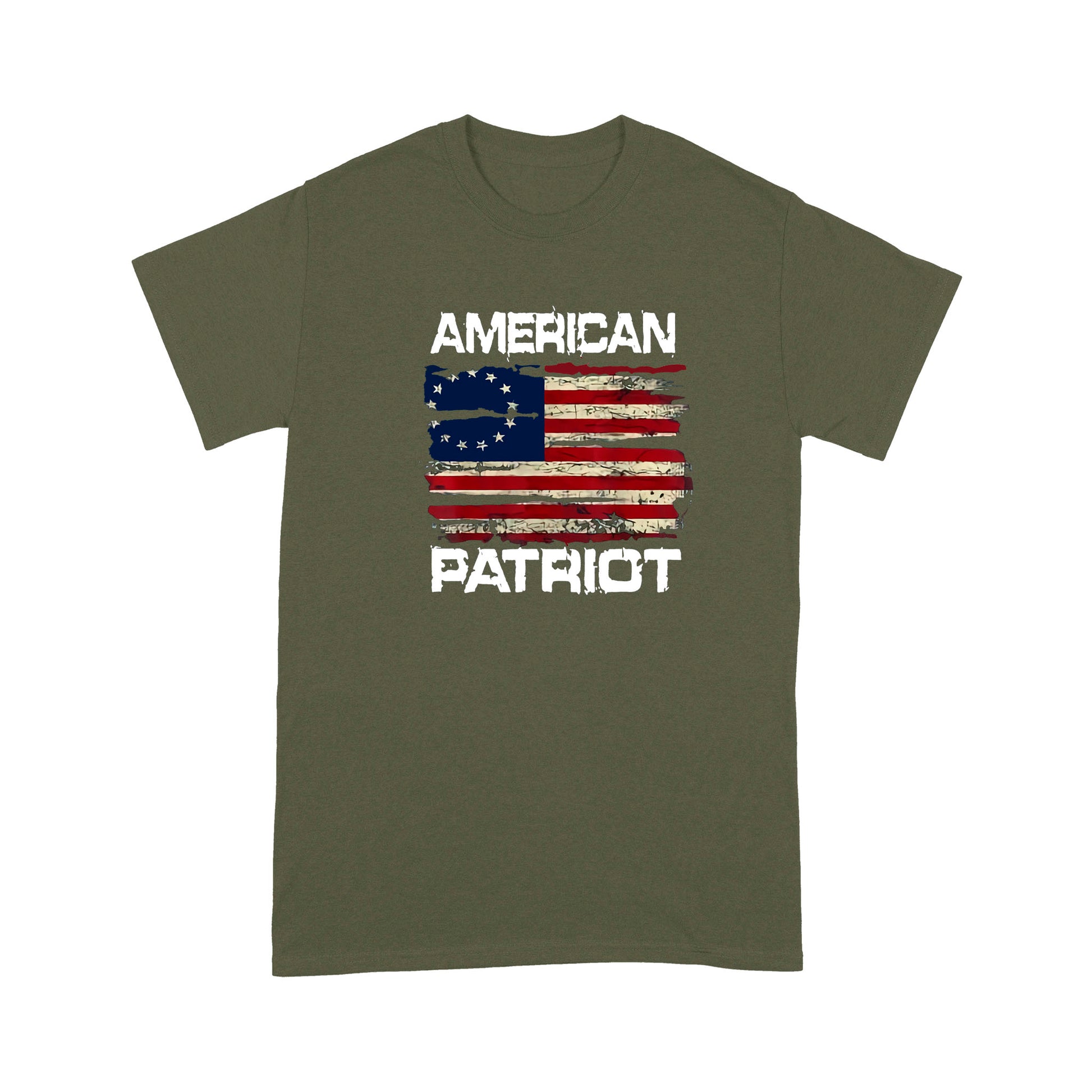 litzzy Patriort Day American Flag T-shirt | Made in US  S Military Green 