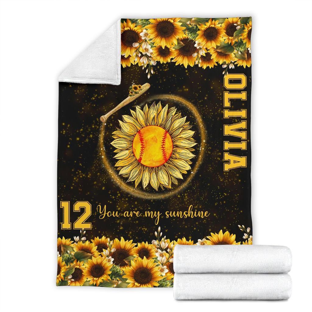 litzzy Personalized Softball You Are My Sunshine Fleece Blanket - Litzzy Hippie Softball Blanket Quilt Blanket   