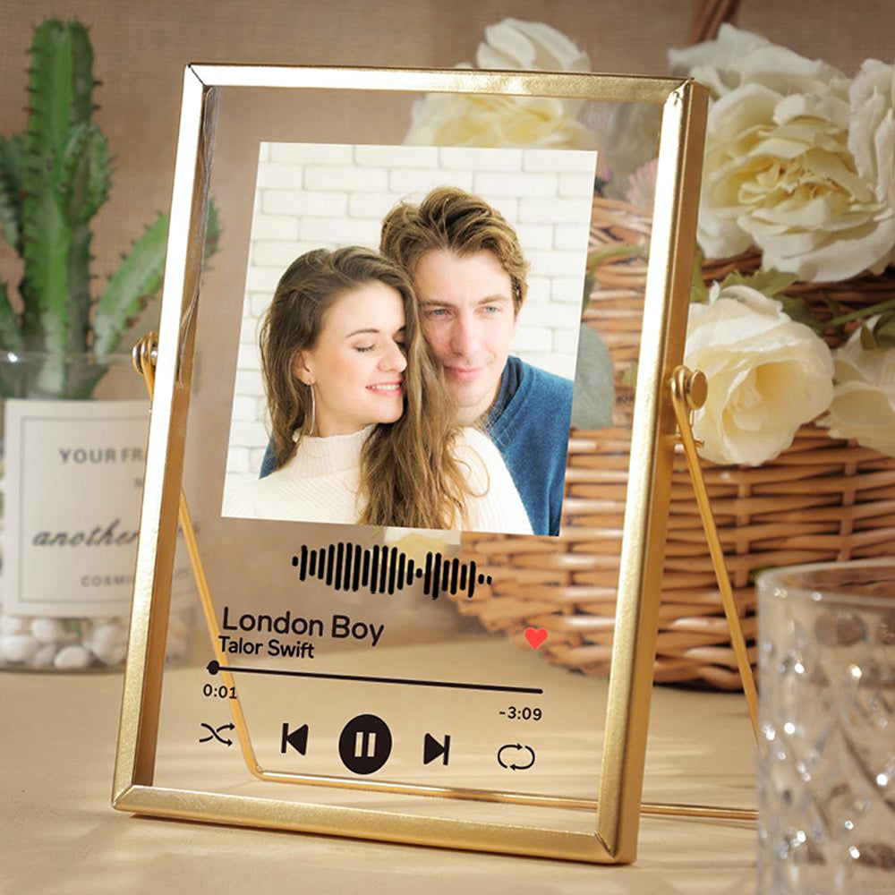 litzzy Custom Photo Scannable Code Music Song Plaque With Golden Frame Acrylic Plaque   