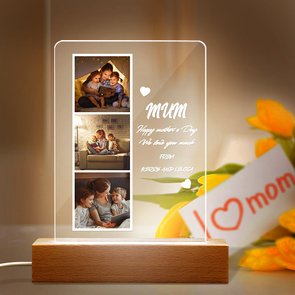 litzzy Personalized Photo and Name Acrylic Night Light Gift for Mum Acrylic Plaque Wooden Base Night Light  