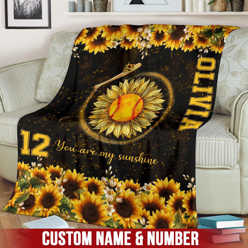 litzzy Personalized Softball You Are My Sunshine Fleece Blanket - Litzzy Hippie Softball Blanket Quilt Blanket   