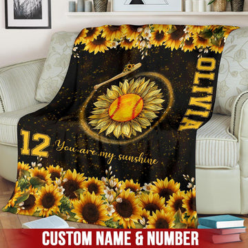 litzzy Personalized Softball You Are My Sunshine Fleece Blanket - Litzzy Hippie Softball Blanket Quilt Blanket   