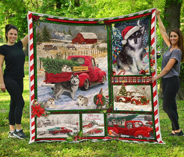 litzzy Alaskan Malamute Red Truck Christmas CLH1612002Q Fleece  Blanket Quilt Blanket   