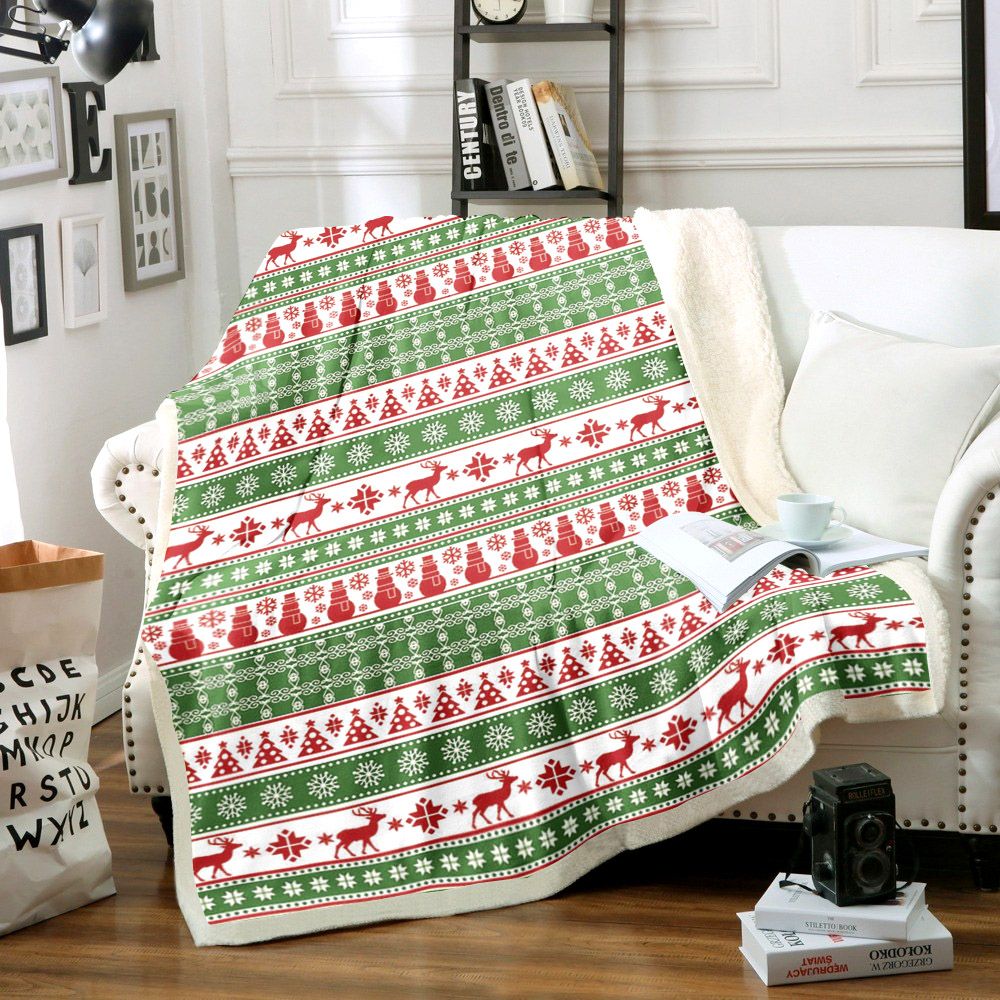 litzzy Alpine Christmas Green HM1212001TT Sherpa Fleece Blanket Sherpa Fleece Blanket   