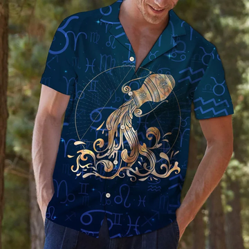 litzzy Amazing Aquarius Zodiac Symbol On Blue Pattern Hawaiian Shirt - Aloha shirt Hawaiian Hawaii Shirt For Summer Hawaii Shirt   