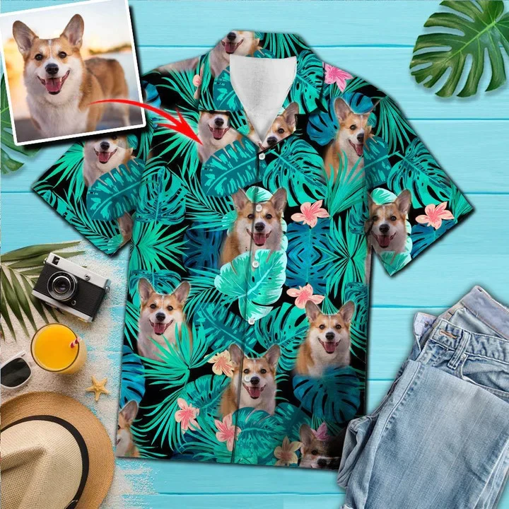 litzzy Custom Photo Pembroke Welsh Corgi Face Hide In Tropical Jungle Pattern Hawaiian Shirt, Custom Photo Hawaiian Shirt, Custom Animal Flowers Hawaiian Shirt, Personalized Hawaiian Shirts Hawaii Shirt   