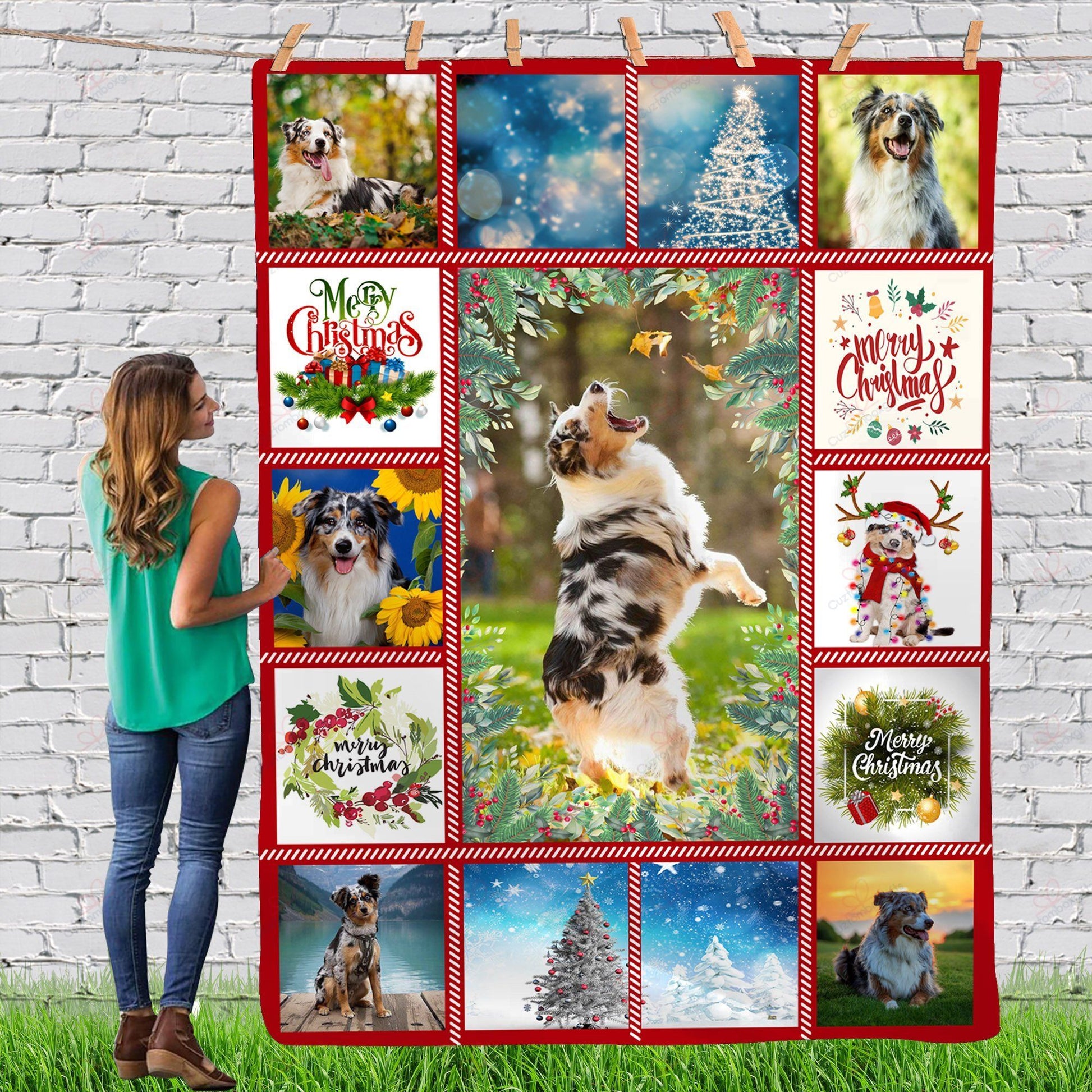 litzzy Aussie Gorgeous Merry Christmas Dog Reindeer Xmas TH0911051CL Sherpa Fleece Blanket fleece blanket   