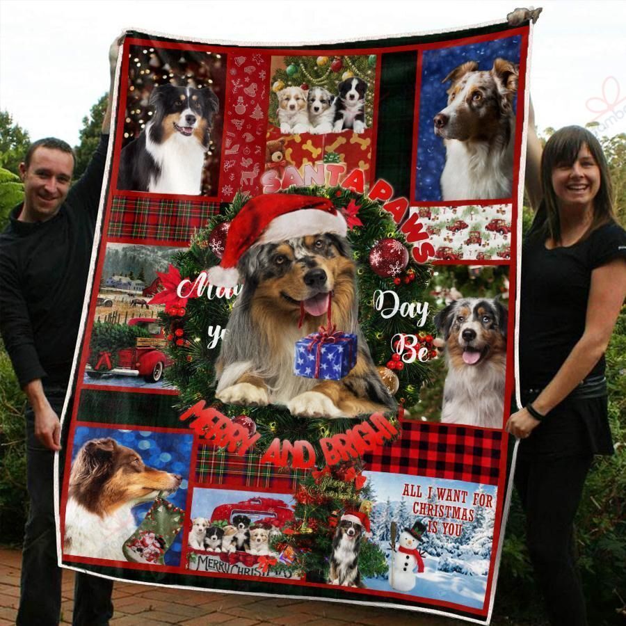 litzzy Australian Shepherd Christmas AM2810311CL Sherpa Fleece Blanket Sherpa Fleece Blanket   