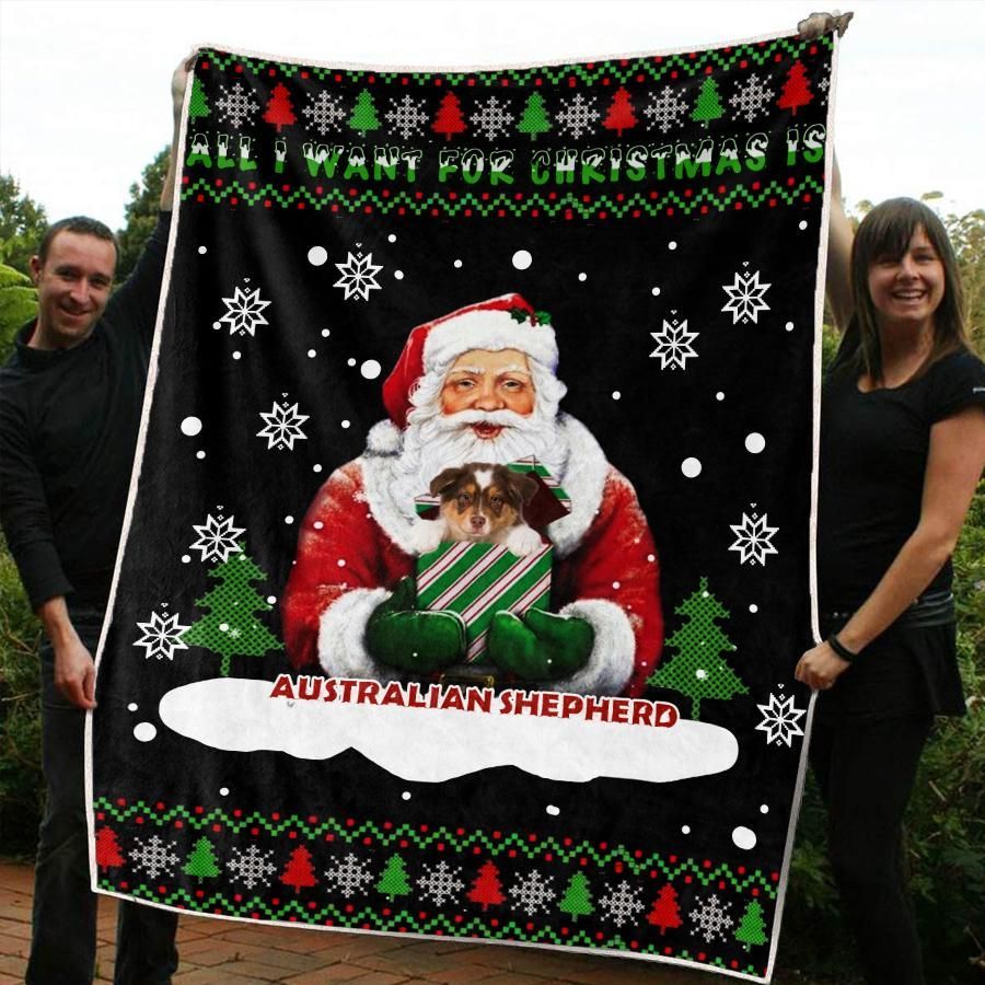 litzzy Australian Shepherd Christmas CL20110041MDF Sherpa Fleece Blanket Sherpa Fleece Blanket   