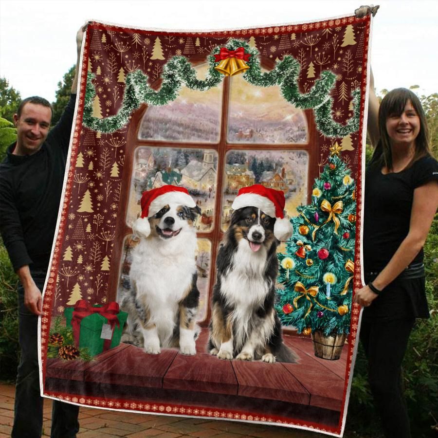 litzzy Australian Shepherd Christmas CLM3110034S Sherpa Fleece Blanket Sherpa Fleece Blanket   