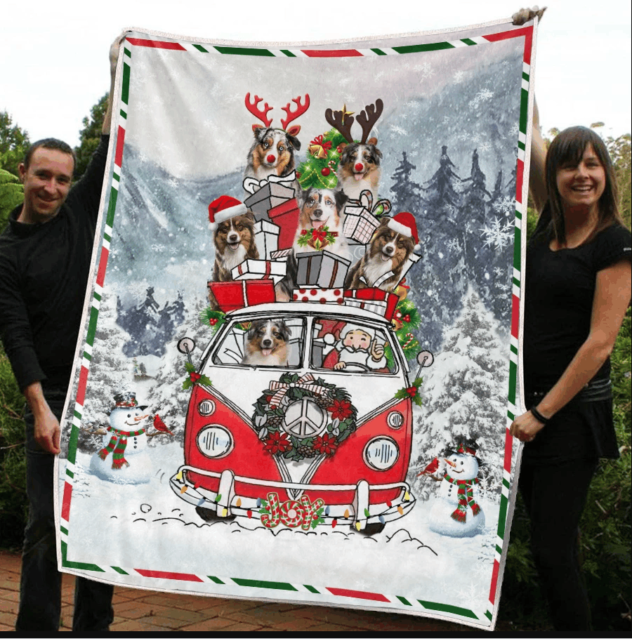 litzzy Australian Shepherd Christmas CLM3110035S Sherpa Fleece Blanket Sherpa Fleece Blanket   