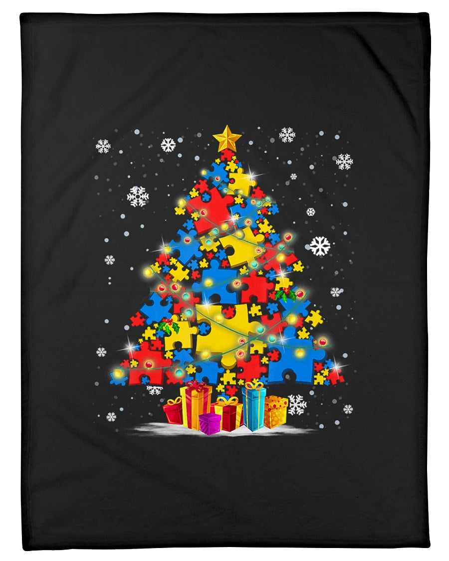 litzzy Autism Puzzle Pieces Tree Christmas Light In Snow TH2809348CL Sherpa Fleece Blanket Sherpa Fleece Blanket   