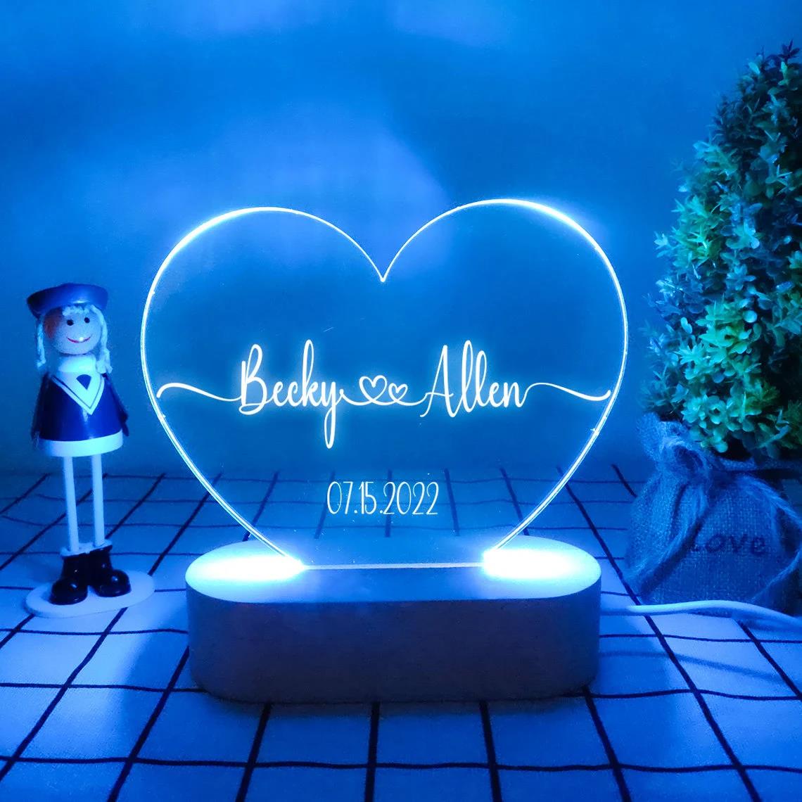litzzy Heart Shaped Acrylic Plaque Personalized Name and Date Night Light Acrylic Plaque 7 Colors Light 1 