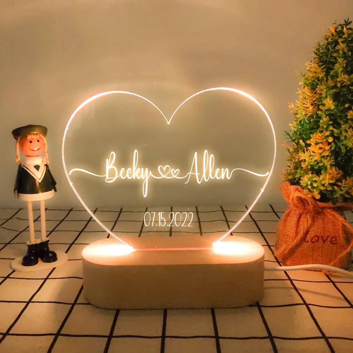 litzzy Heart Shaped Acrylic Plaque Personalized Name and Date Night Light Acrylic Plaque Warm Light 1 