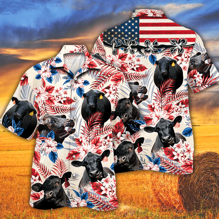 litzzy Black Angus Cattle Lovers American Flag Hawaiian Shirt, Cow Hawaiian shirt vintage flower, Hawaiian shirt men, Hawaiian shirt women - Aloha shirt Hawaiian Hawaii Shirt For Summer Hawaii Shirt   