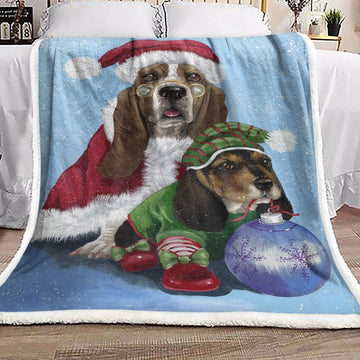litzzy Basset Hound Christmas HN121006F Sherpa Fleece Blanket Sherpa Fleece Blanket   