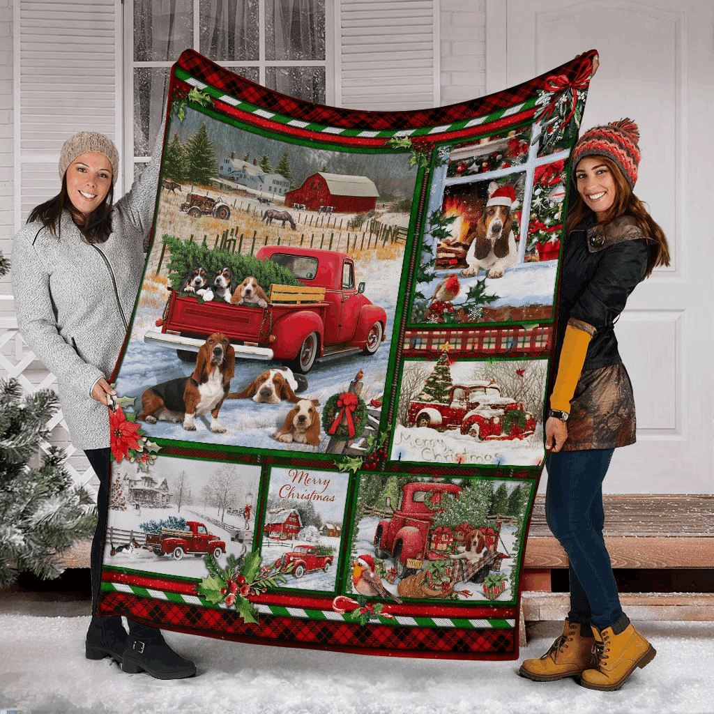 litzzy Basset Hound Red Truck Christmas CLM02120231S Sherpa Fleece Blanket Sherpa Fleece Blanket   