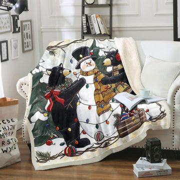 litzzy Bear And Snowman Merry Christmas CG2011013TT Sherpa Fleece Blanket Sherpa Fleece Blanket   