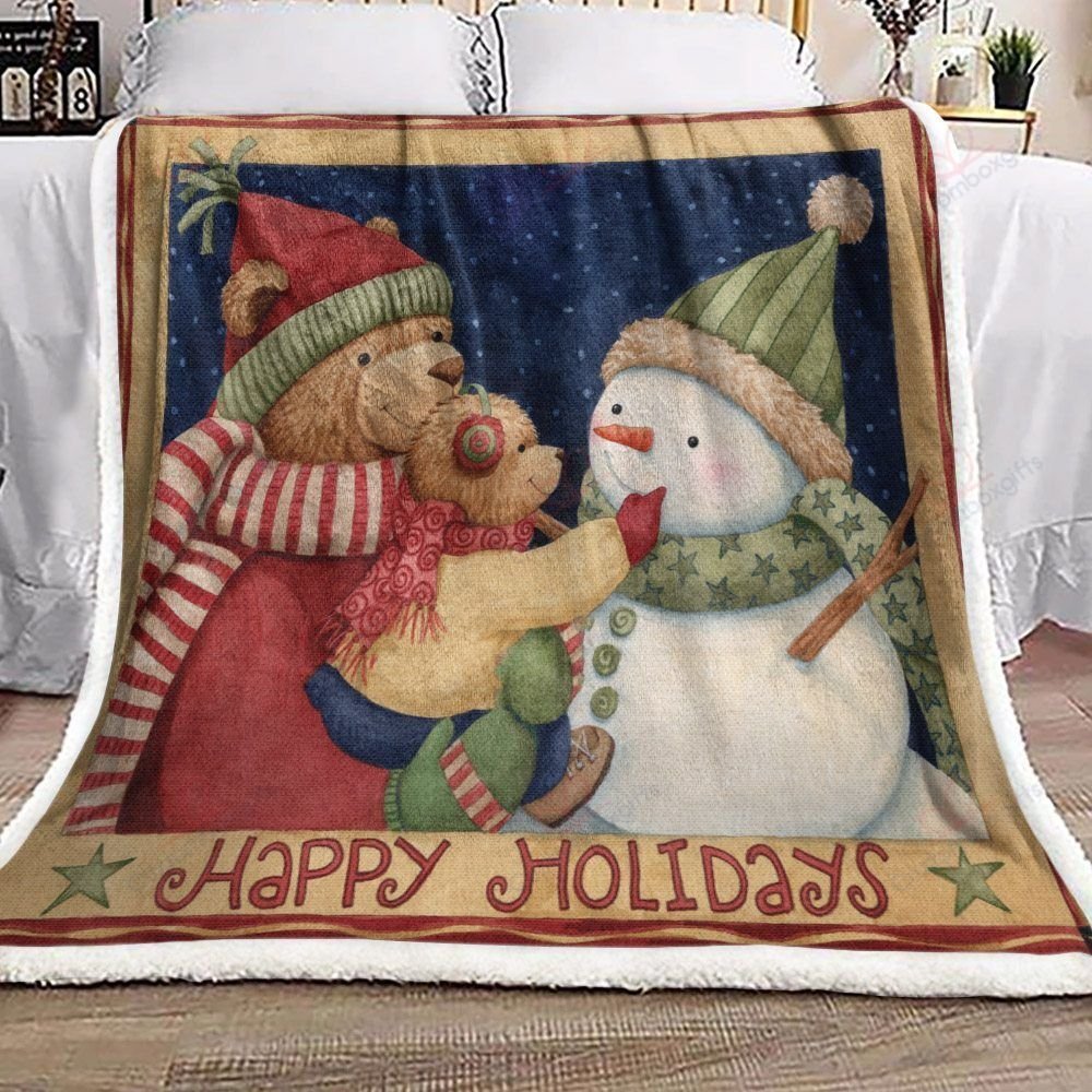 litzzy Bear Snowman Christmas GS-CL-KC1208 Sherpa Fleece Blanket Sherpa Fleece Blanket   