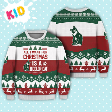 litzzy Bicolor Cat All I Want For Christmas Sweater Christmas Knitted Print Sweatshirt - Best Gift For Christmas, Noel - Christmas Signature - Ugly Christmas Sweater Sweater Kid XS 