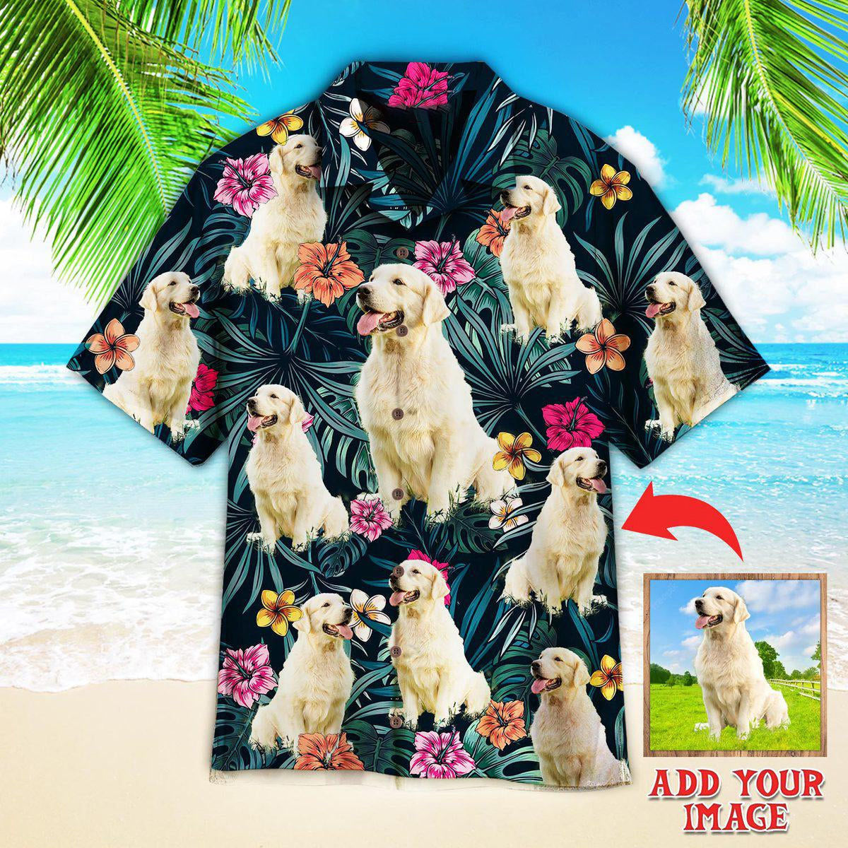 litzzy Big Golden Retriever Exotic Tropical Floral Custom Hawaiian Shirt, Personalized Hawaiian Shirts, Custom Photo Hawaiian Shirt Hawaii Shirt   