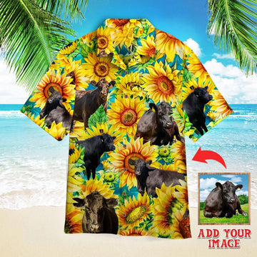 litzzy Custom Black Angus Cattle Lovers Sunflower Watercolor Custom Hawaiian Shirt, Personalized Hawaiian Shirts Hawaii Shirt   