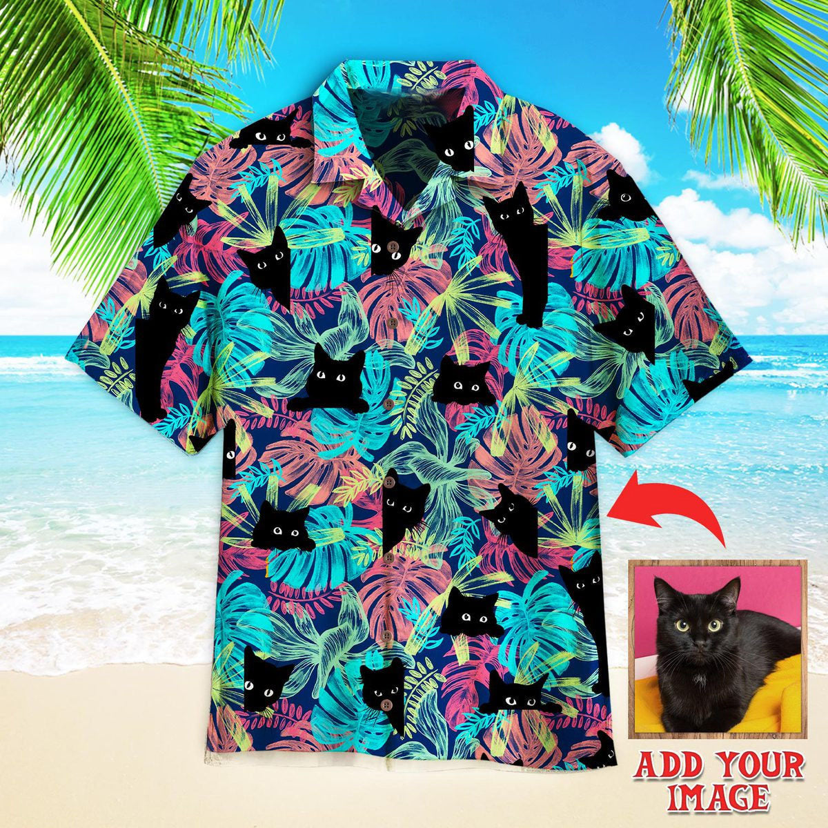 litzzy Black Cat Tropical Custom Hawaiian Shirt, Personalized Hawaiian Shirts, Custom Photo Hawaiian Shirt Hawaii Shirt   
