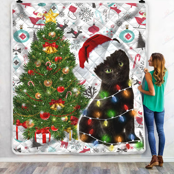 litzzy Black Cat And Christmas NI1409004HN Sherpa Fleece Blanket Sherpa Fleece Blanket   