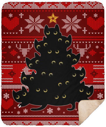 litzzy Black Cat Christmas Tree CLH0912031F Sherpa Fleece Blanket Sherpa Fleece Blanket   