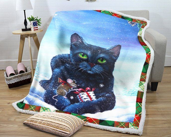litzzy Black Cat In Christmas GS LD1010VQ Sherpa Fleece Blanket Sherpa Fleece Blanket   